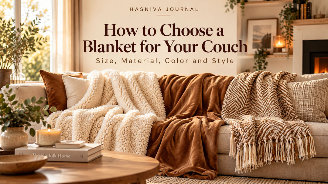 Stylish blankets draped over a modern neutral couch