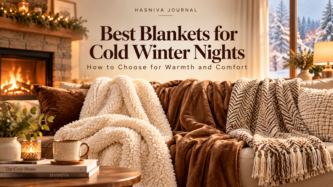 Cozy layered winter blankets beside a warm fireplace