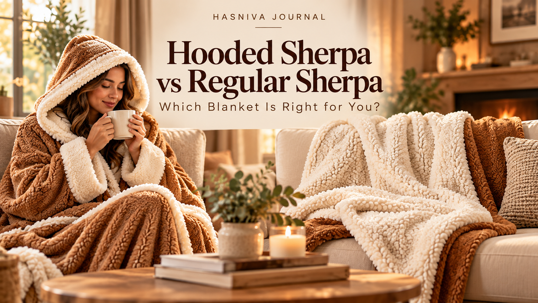 Hooded Sherpa blanket and regular Sherpa throw compared in a cozy living room