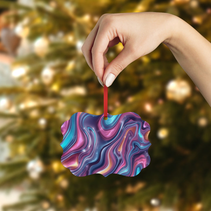 Abstract Iridescent Swirl Double-Sided Metal Ornament – Glossy Modern Decor