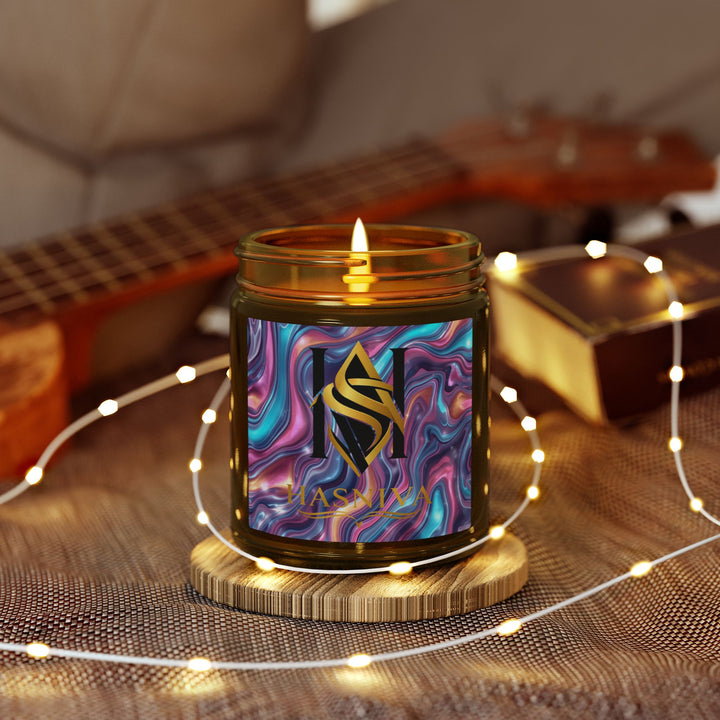 Hand-Poured Coconut Apricot Scented Candle – Iridescent Abstract Design