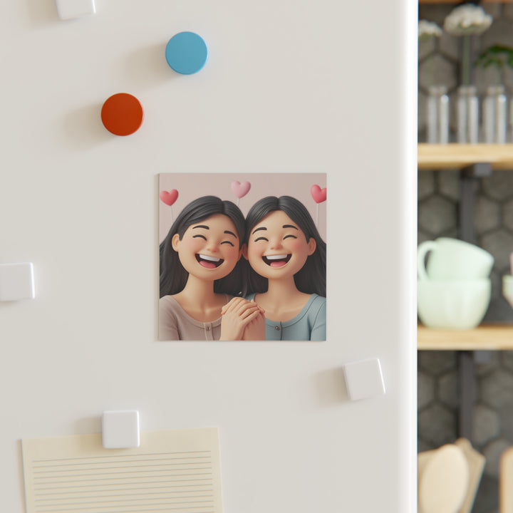 Personalized Square Magnet – Cute Cartoon Girls, Friendship, Custom Gift