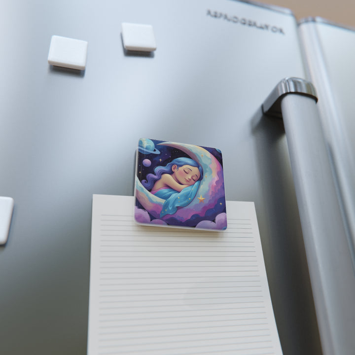 Celestial Girl Porcelain Magnet – Dreamy Square Art for Fridge & Locker Decor
