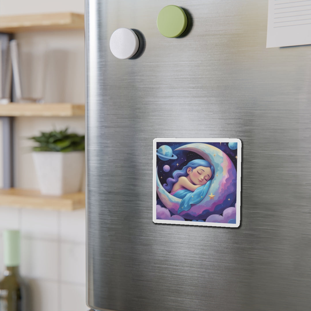 Custom Die-Cut Magnet – Dreamy Girl on Moon, Whimsical Celestial Decor