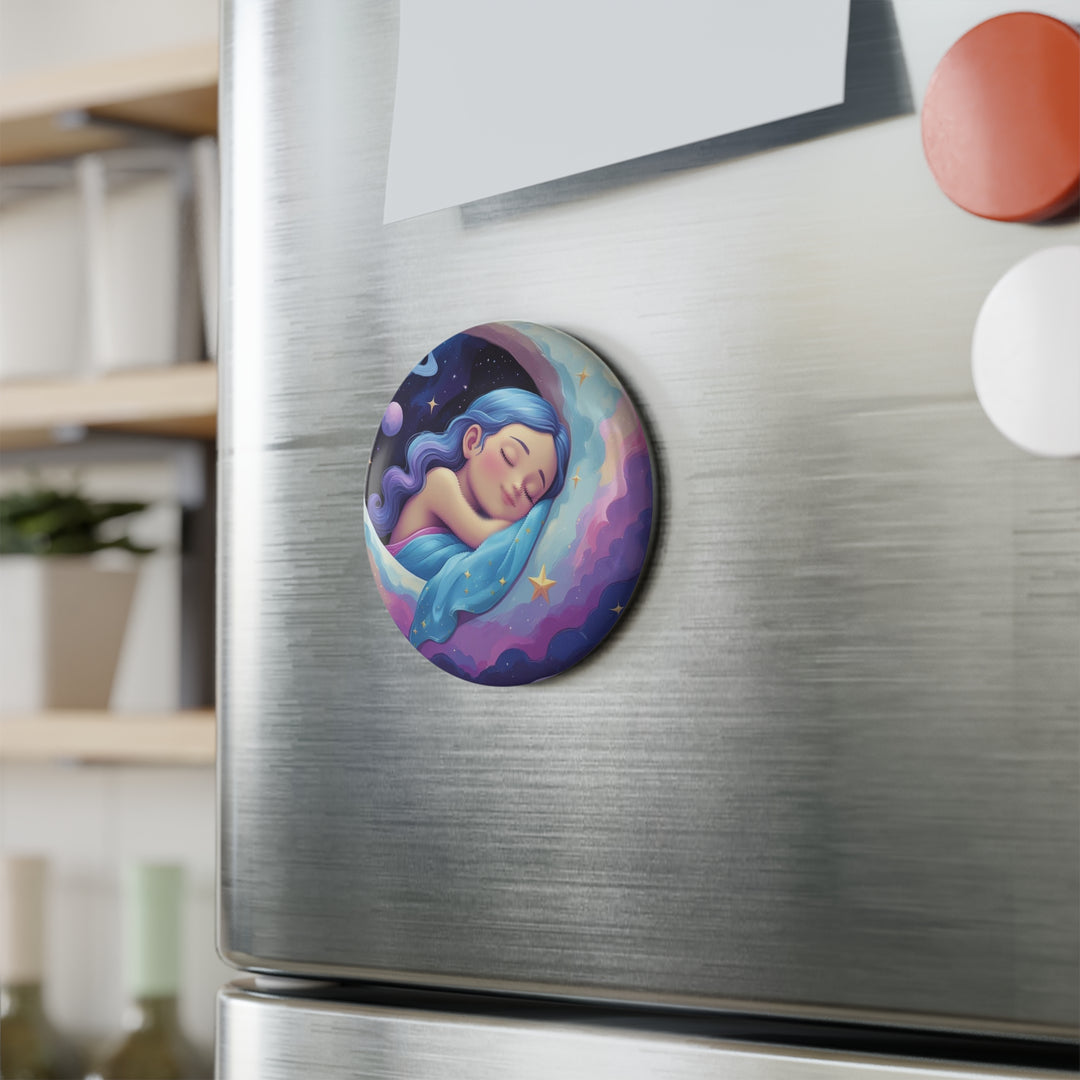 Dreamy Girl on Moon Round Magnet – Customizable, Packs of 1 & 10
