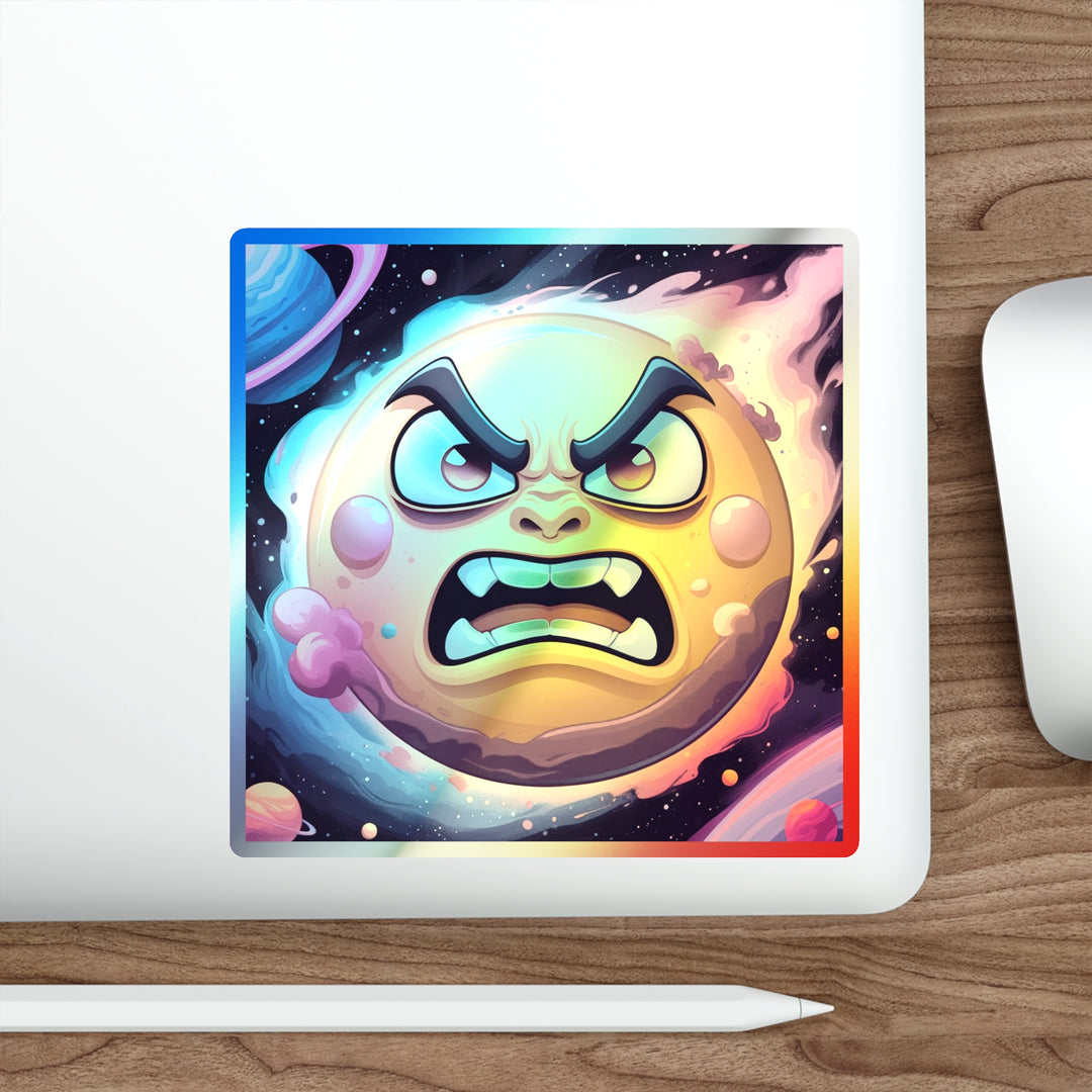 Holographic Die-Cut Sticker – Angry Sun Space Cartoon, Retro Cosmic Vibes
