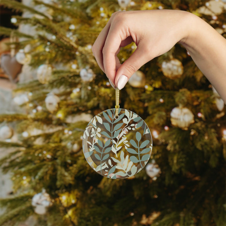 Custom Glass Ornament – Modern Botanical Leafy Green on Black, Handcrafted