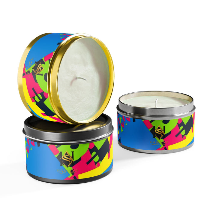 Custom Hand-Poured Tin Candles – Bold Abstract Neon Design, Eco-Friendly