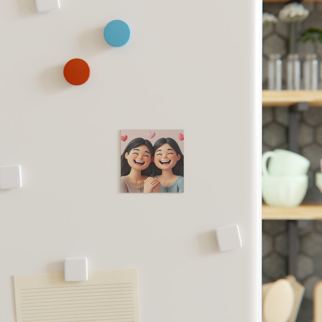 Personalized Square Magnet – Cute Cartoon Girls, Friendship, Custom Gift