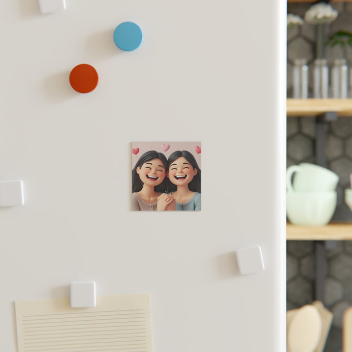 Personalized Square Magnet – Cute Cartoon Girls, Friendship, Custom Gift