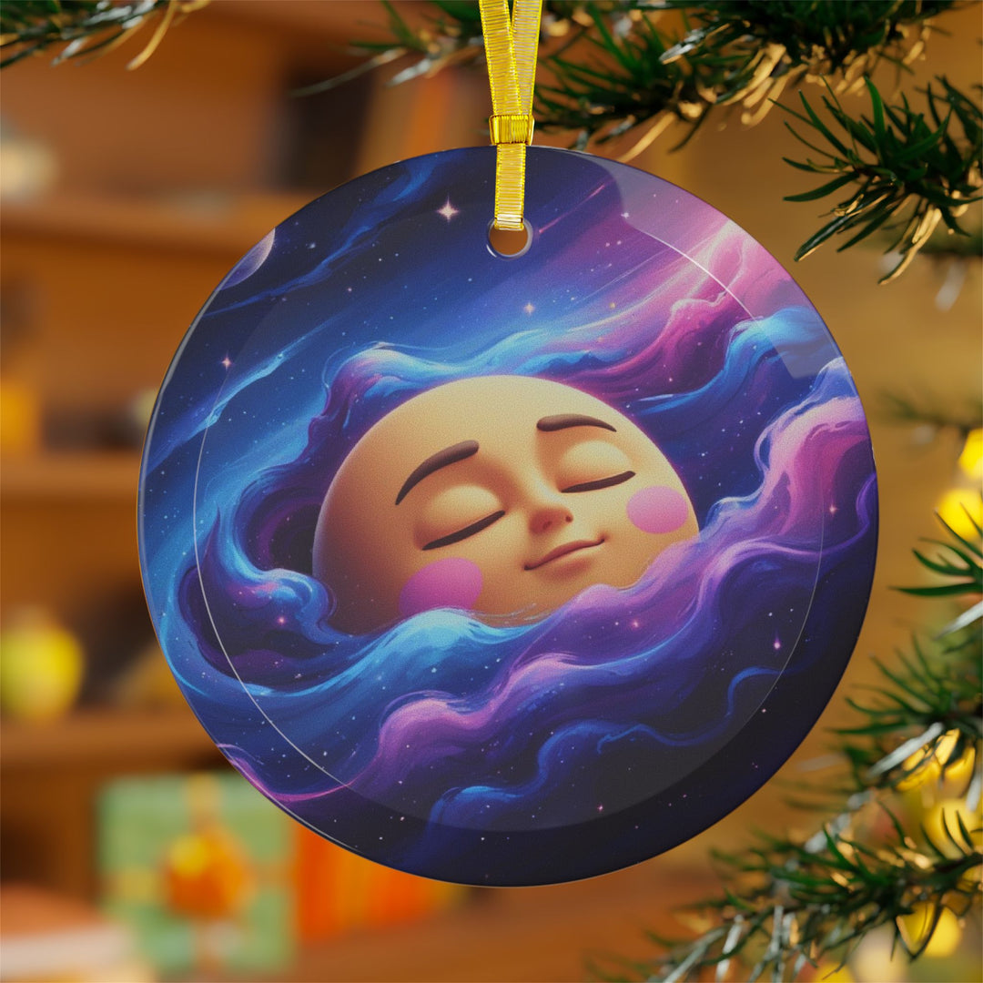 Galaxy Moon Face Custom Glass Ornament – Handcrafted Whimsical Space Decor