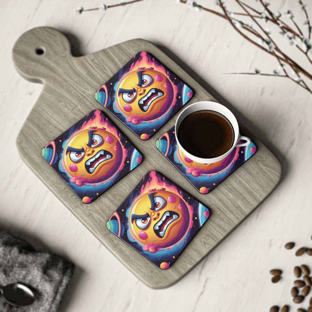 Cosmic Fun Angry Sun Coasters – Bold Space Cartoon, Stylish Table Protection