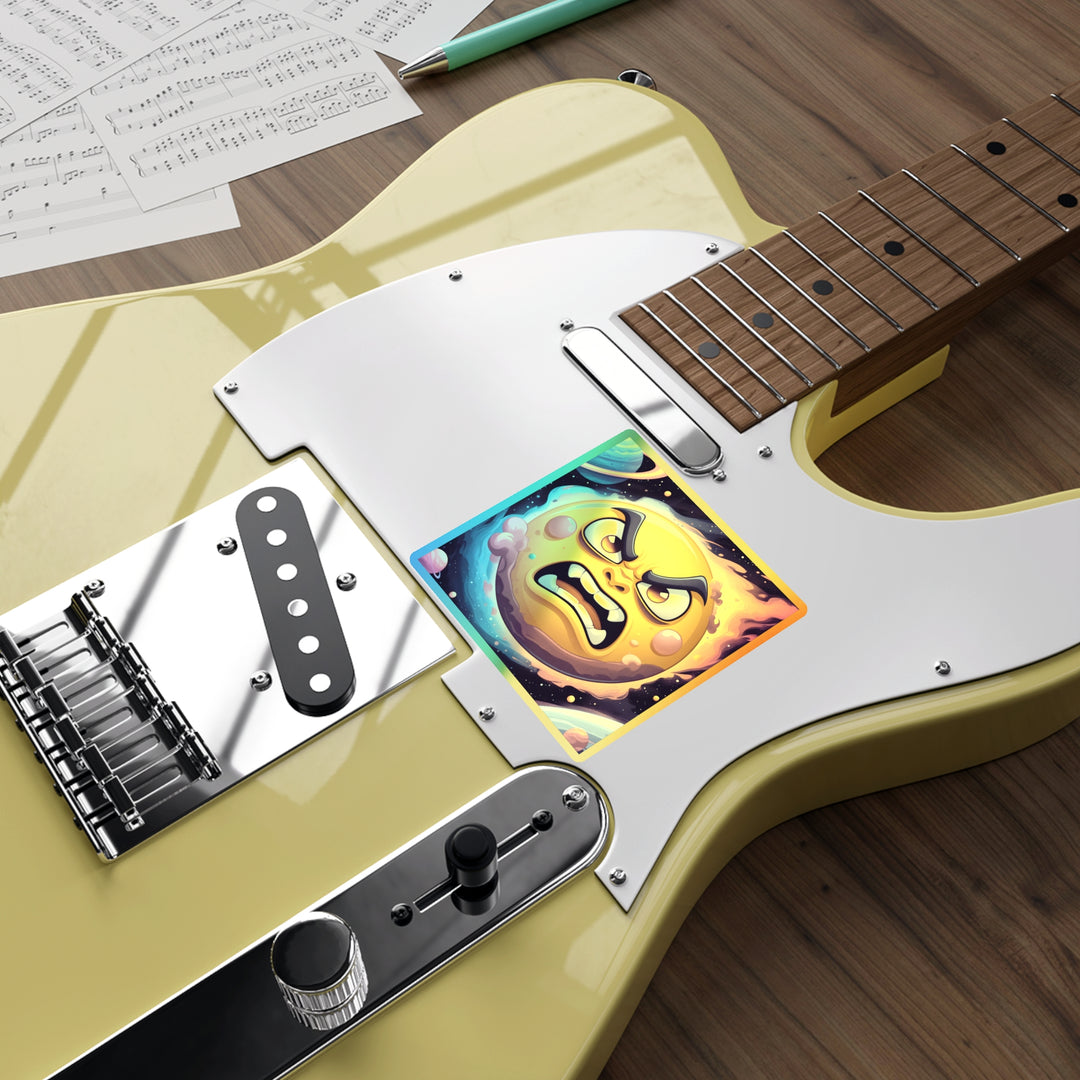 Holographic Die-Cut Sticker – Angry Sun Space Cartoon, Retro Cosmic Vibes