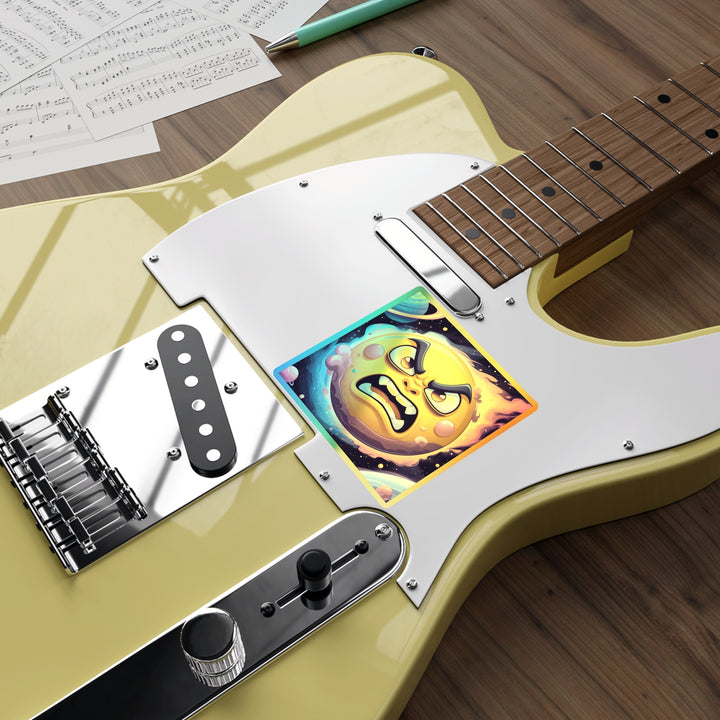 Holographic Die-Cut Sticker – Angry Sun Space Cartoon, Retro Cosmic Vibes