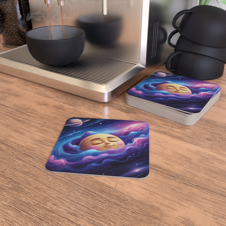 Galaxy Moon Face Square Coasters (50/100 pcs) – Cute Space Party Decor