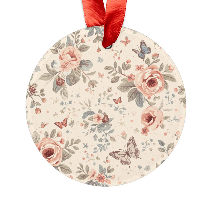 Personalized Acrylic Ornament with Ribbon – Pastel Floral & Butterfly Design