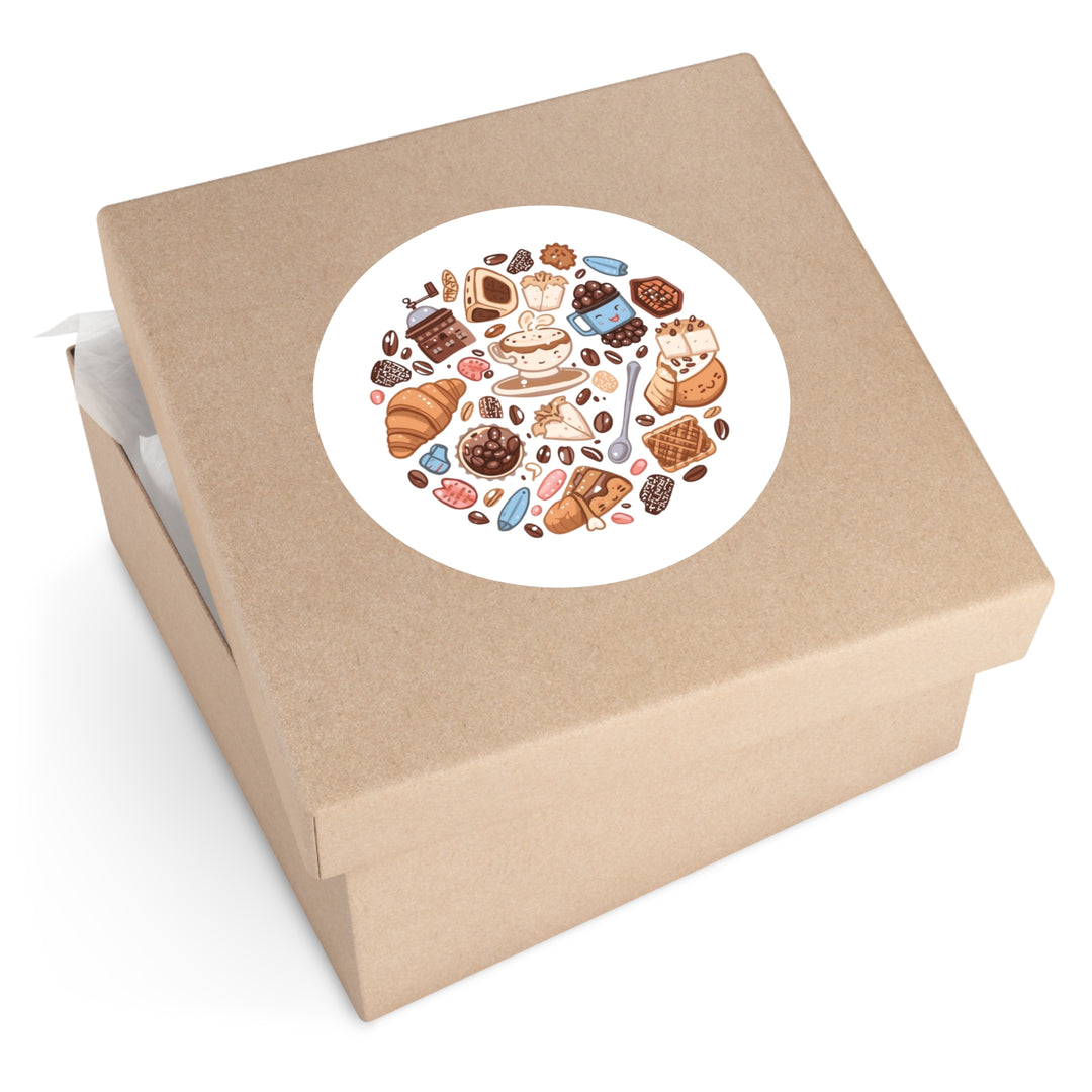 Whimsical Coffee & Pastry Round Sticker – Durable Café-Inspired Vinyl Decal