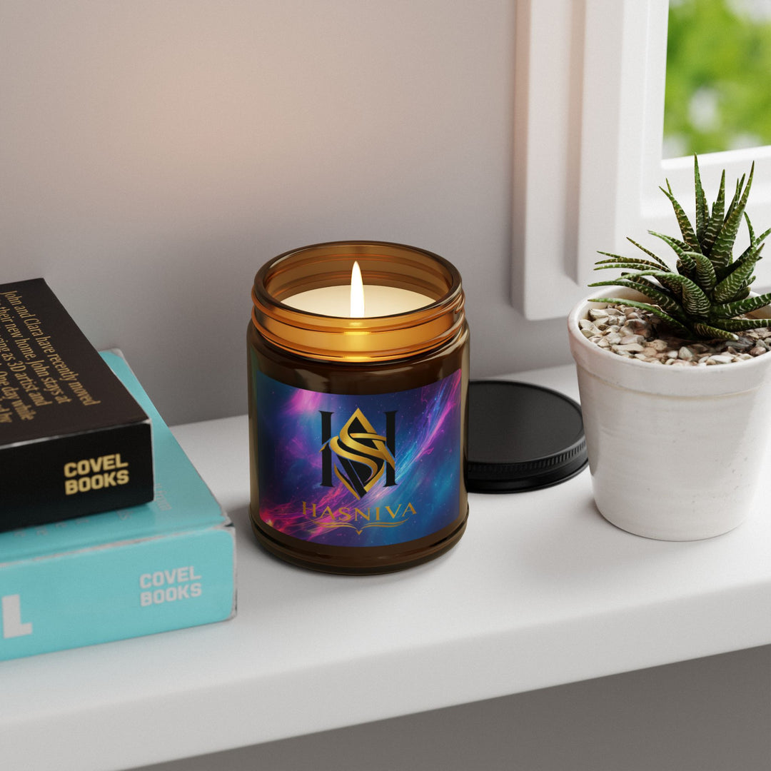 Cosmic Glow Scented Soy Candle: Amber Jar, Neon Swirl Design, 4oz/9oz