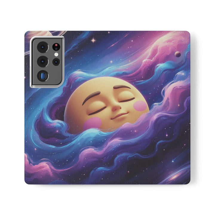Dreamy Galaxy Flip Case – Cute Moon & Star Wallet Cover, Vegan Leather