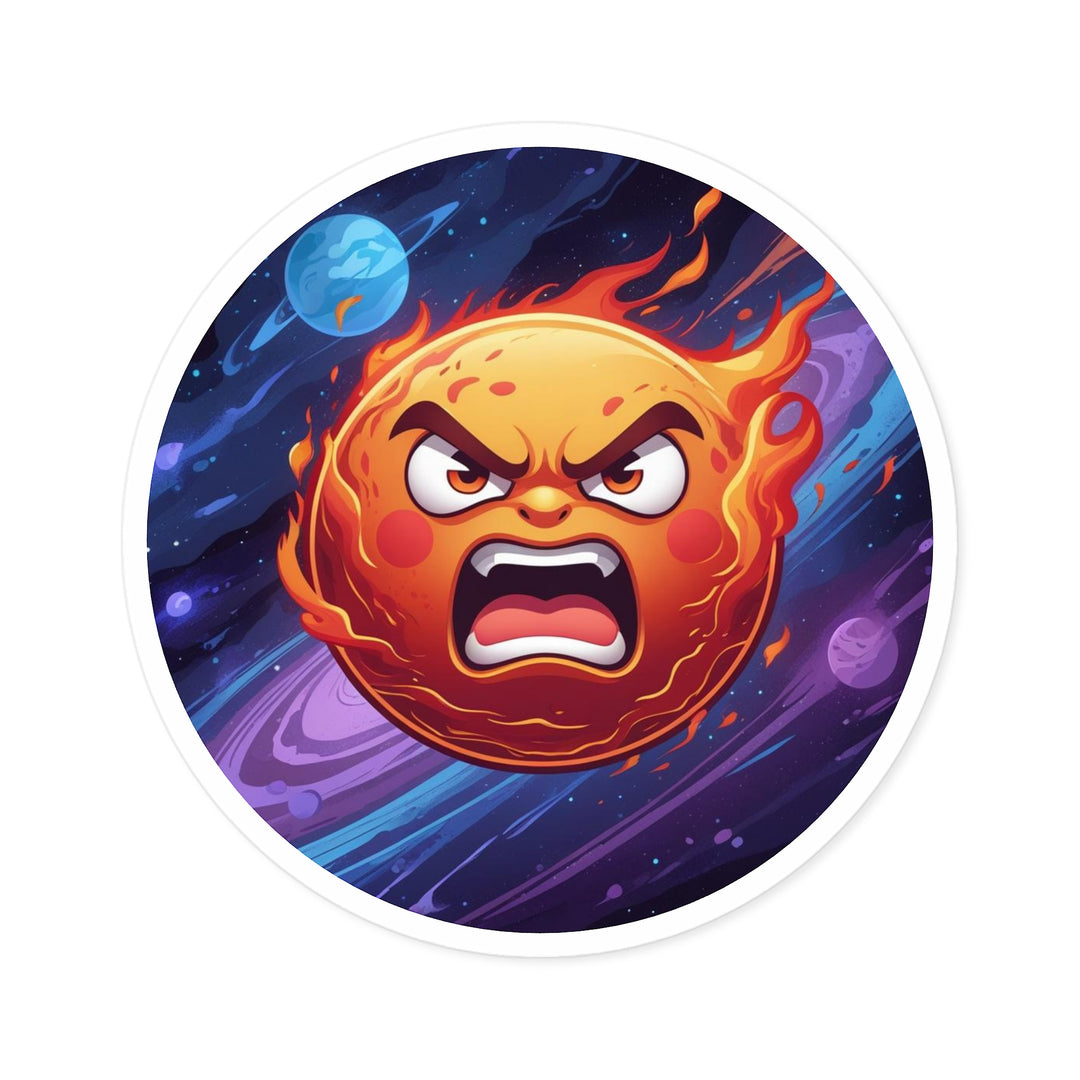 Fiery Cosmic Angry Sun Round Sticker – Durable Indoor/Outdoor Vinyl Decal
