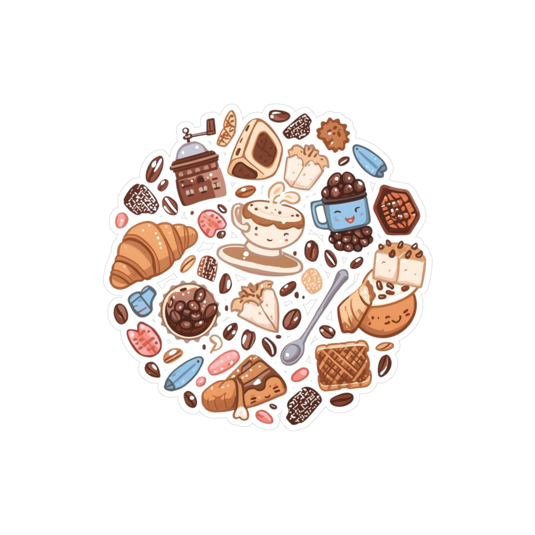 Whimsical Café Vinyl Kiss-Cut Sticker – Cute Coffee & Dessert Cartoon Decals