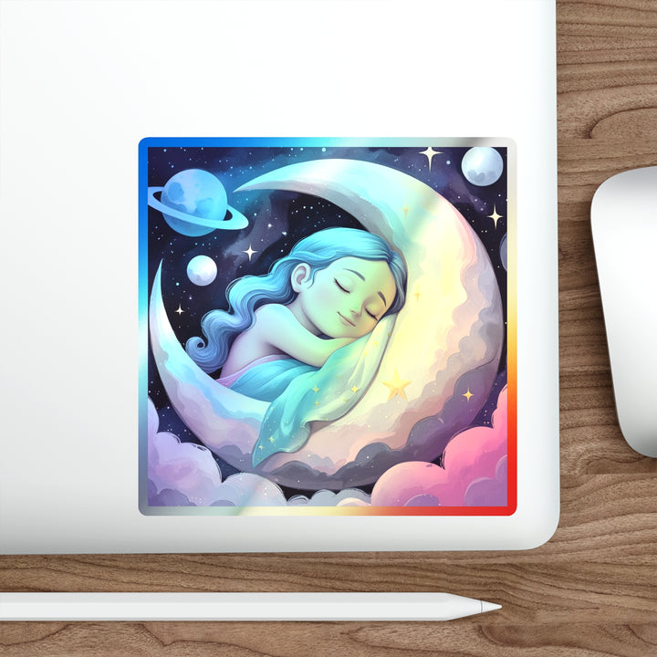 Holographic Die-Cut Sticker – Dreamy Girl on Moon, Celestial Pastel Vibes