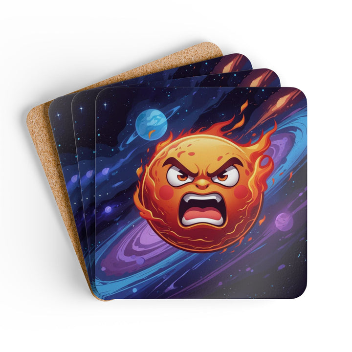 Fiery Cosmic Sun Corkwood Coaster Set – Bold Cartoon Space Table Decor