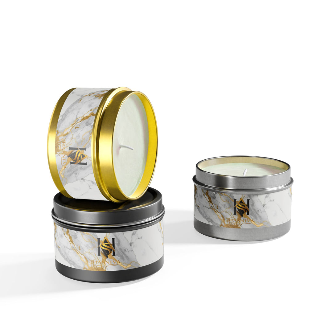 Marble Luxe Hand-Poured Tin Candle – Custom Scents, Glam Gold Accent