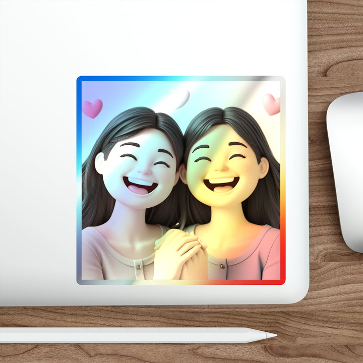 Holographic Die-Cut Sticker – Cute Cartoon Friends, Trendy Iridescent Shine