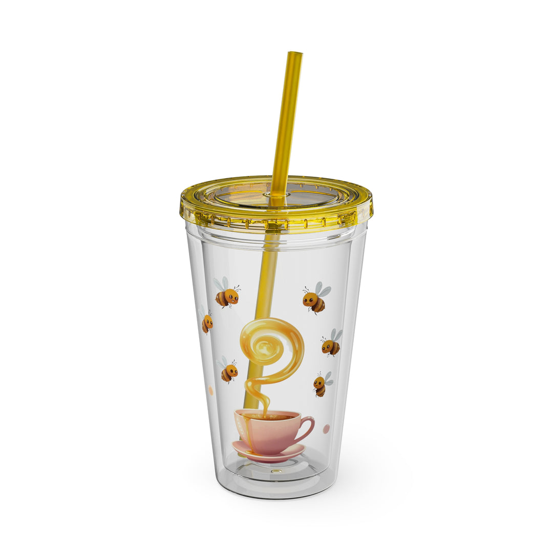 Sunsplash 16oz Tumbler – Pink Teacup & Bees, BPA-Free, Straw Included