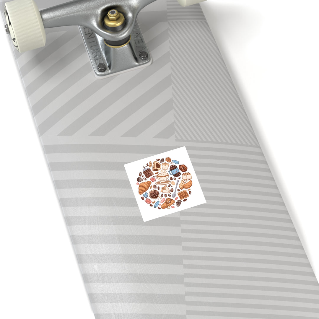 Coffee & Dessert Cartoon Square Sticker – Weatherproof Vinyl, Customizable