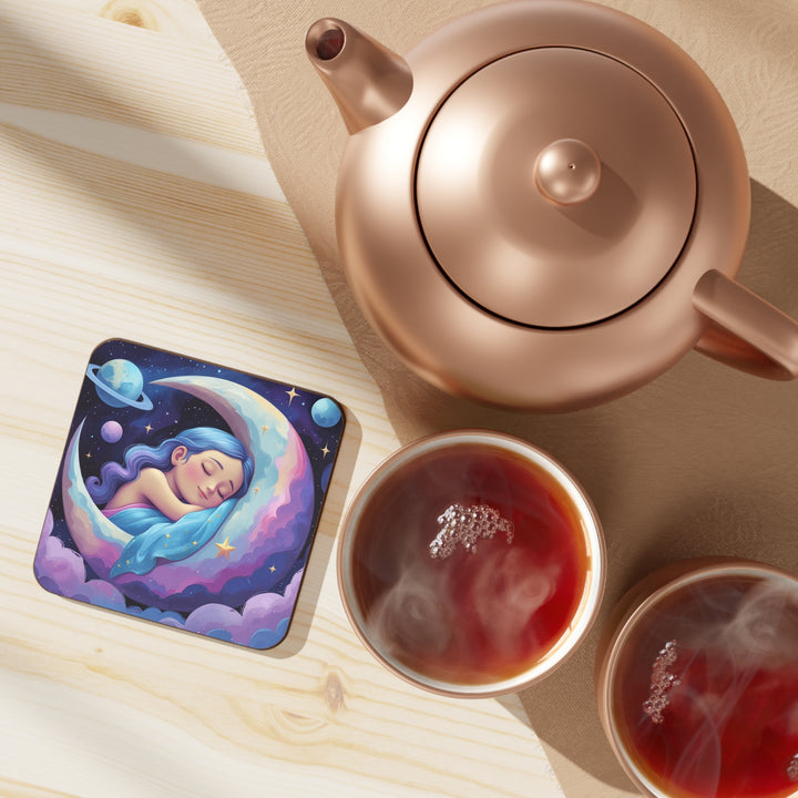 Dreamy Girl on Moon Hardboard Coaster – Celestial Nighttime Decor