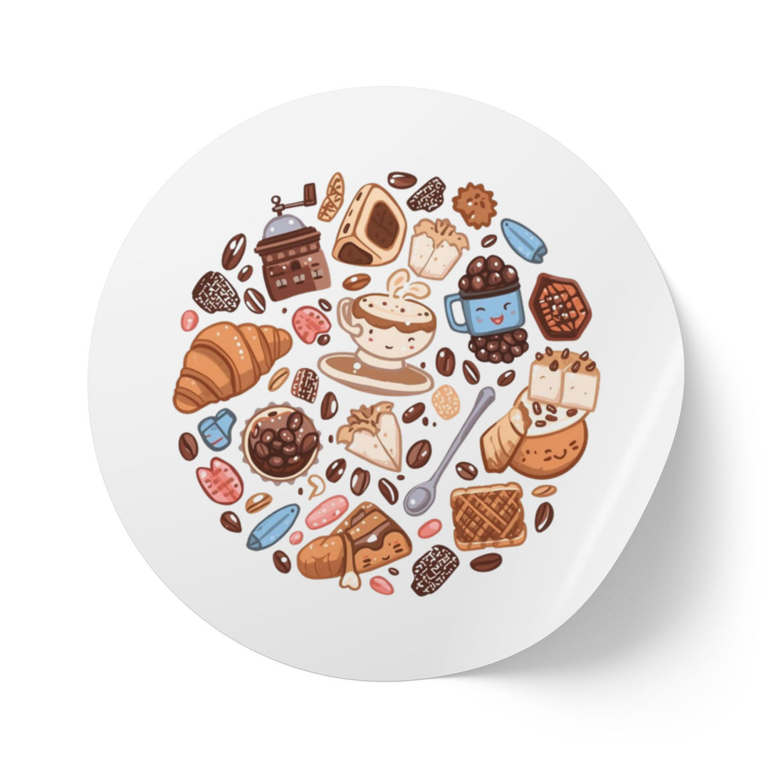 Coffee & Dessert Round Sticker Rolls – Durable, Cute Café Labels, 50-250ct