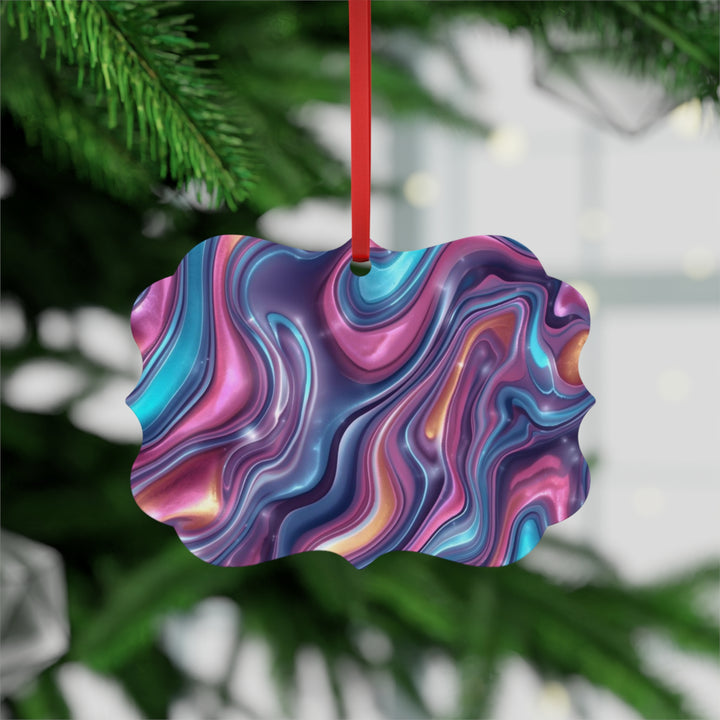 Abstract Iridescent Swirl Double-Sided Metal Ornament – Glossy Modern Decor