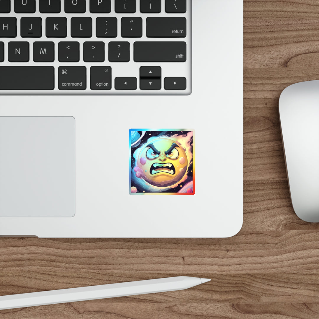 Holographic Die-Cut Sticker – Angry Sun Space Cartoon, Retro Cosmic Vibes
