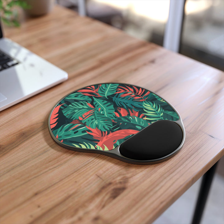 Ergo Memory Foam Mouse Pad with Wrist Rest – Tropical Leaf Jungle Vibes