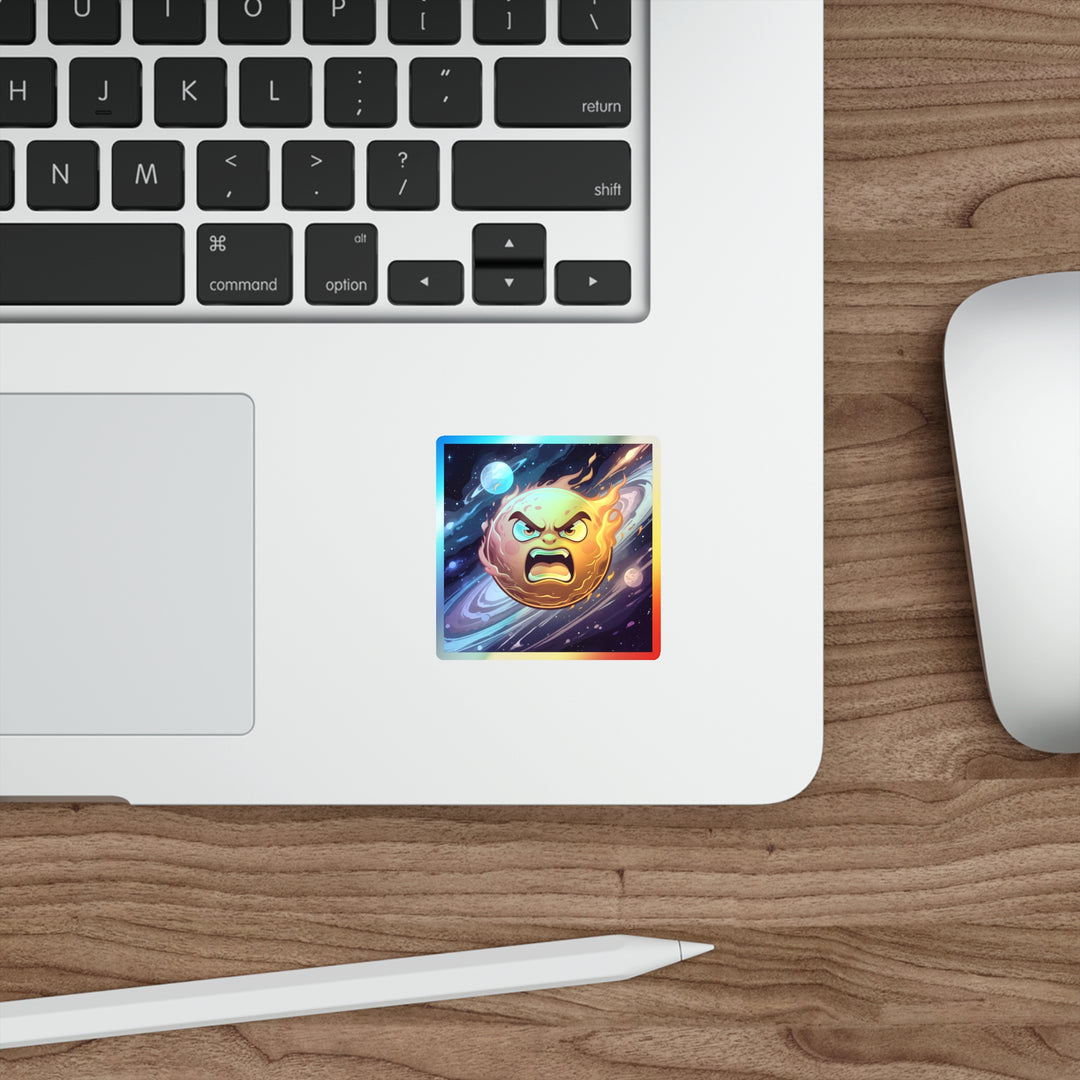 Holographic Die-Cut Sticker – Fiery Cosmic Sun Cartoon | Trendy Retro Shine