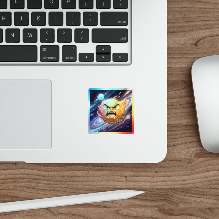 Holographic Die-Cut Sticker – Fiery Cosmic Sun Cartoon | Trendy Retro Shine