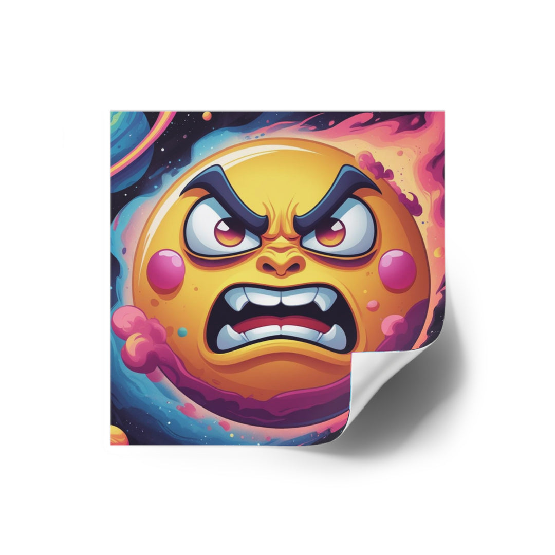 Space-Themed Square Sticker – Angry Sun Vinyl, Indoor/Outdoor, Customizable