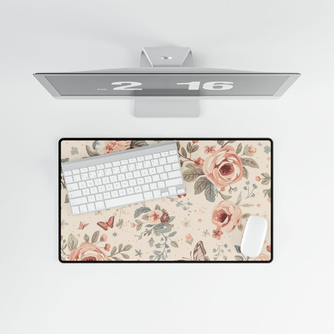 Premium Floral Desk Mat – Elegant Pastel Roses & Butterflies, Non-Slip, Waterproof