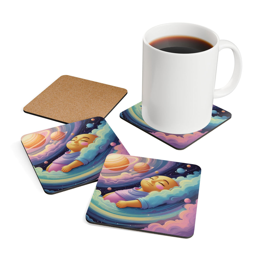 Dreamy Cosmic Baby Corkwood Coaster Set – High-Gloss, Cute Galaxy Decor