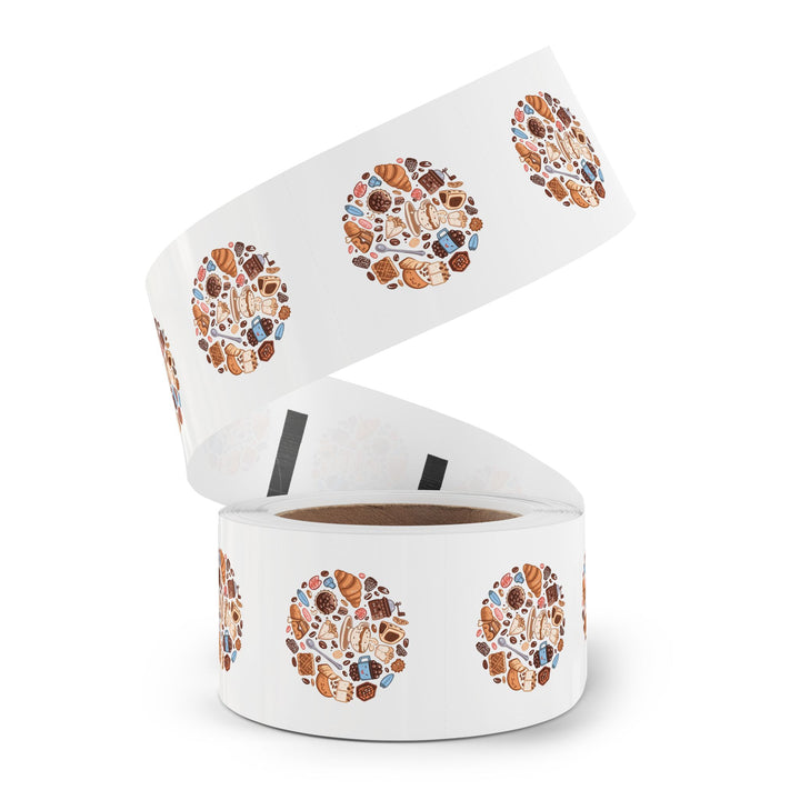 Coffee & Dessert Round Sticker Rolls – Durable, Cute Café Labels, 50-250ct