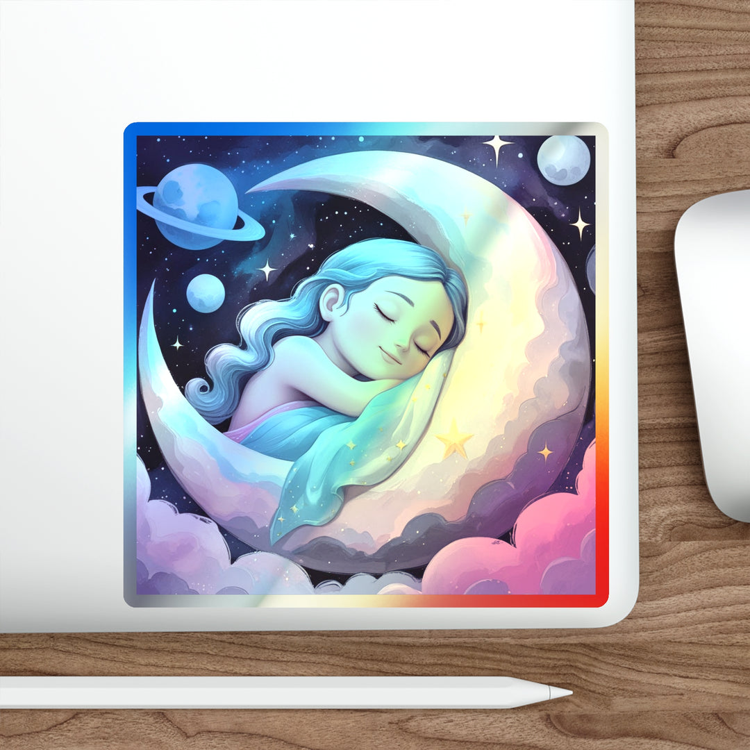 Holographic Die-Cut Sticker – Dreamy Girl on Moon, Celestial Pastel Vibes