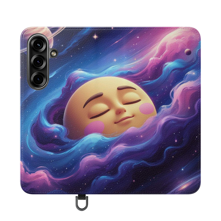 Dreamy Galaxy Flip Case – Cute Moon & Star Wallet Cover, Vegan Leather