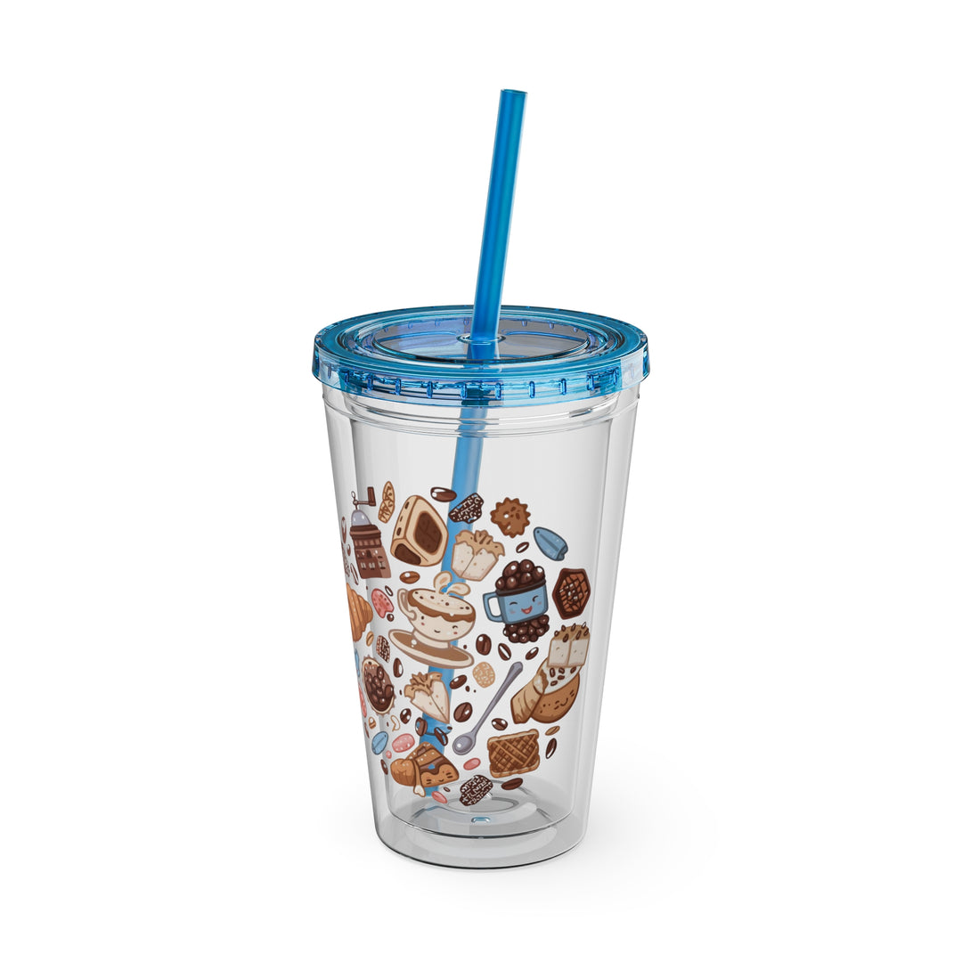 Sunsplash 16oz Tumbler – Cute Café Cartoon Coffee & Dessert, Straw Included