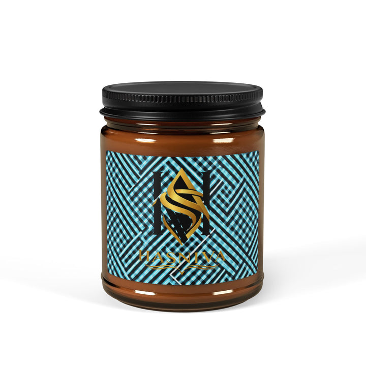 Scented Soy Candle – Amber Jar | Modern Geometric Aqua Grid | 4oz/9oz