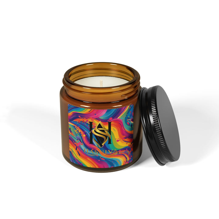 Rainbow Swirl Scented Soy Candle – Amber Jar, 2 Sizes, Artistic Décor