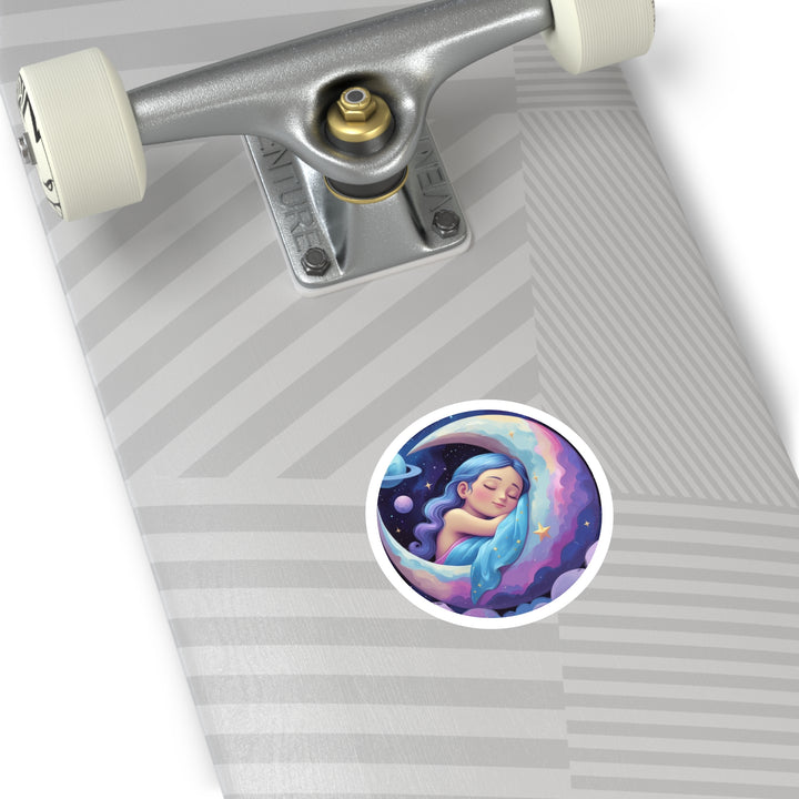 Dreamy Moon Girl Round Sticker – Waterproof, Custom Vinyl Celestial Decor