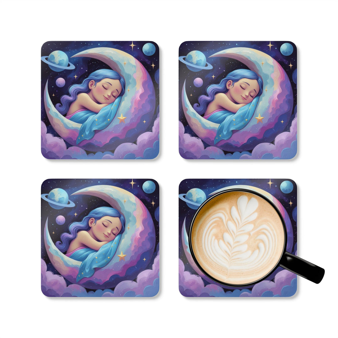 Celestial Dream Corkwood Coaster Set – Whimsical Sleeping Girl & Moon, 4-Pack