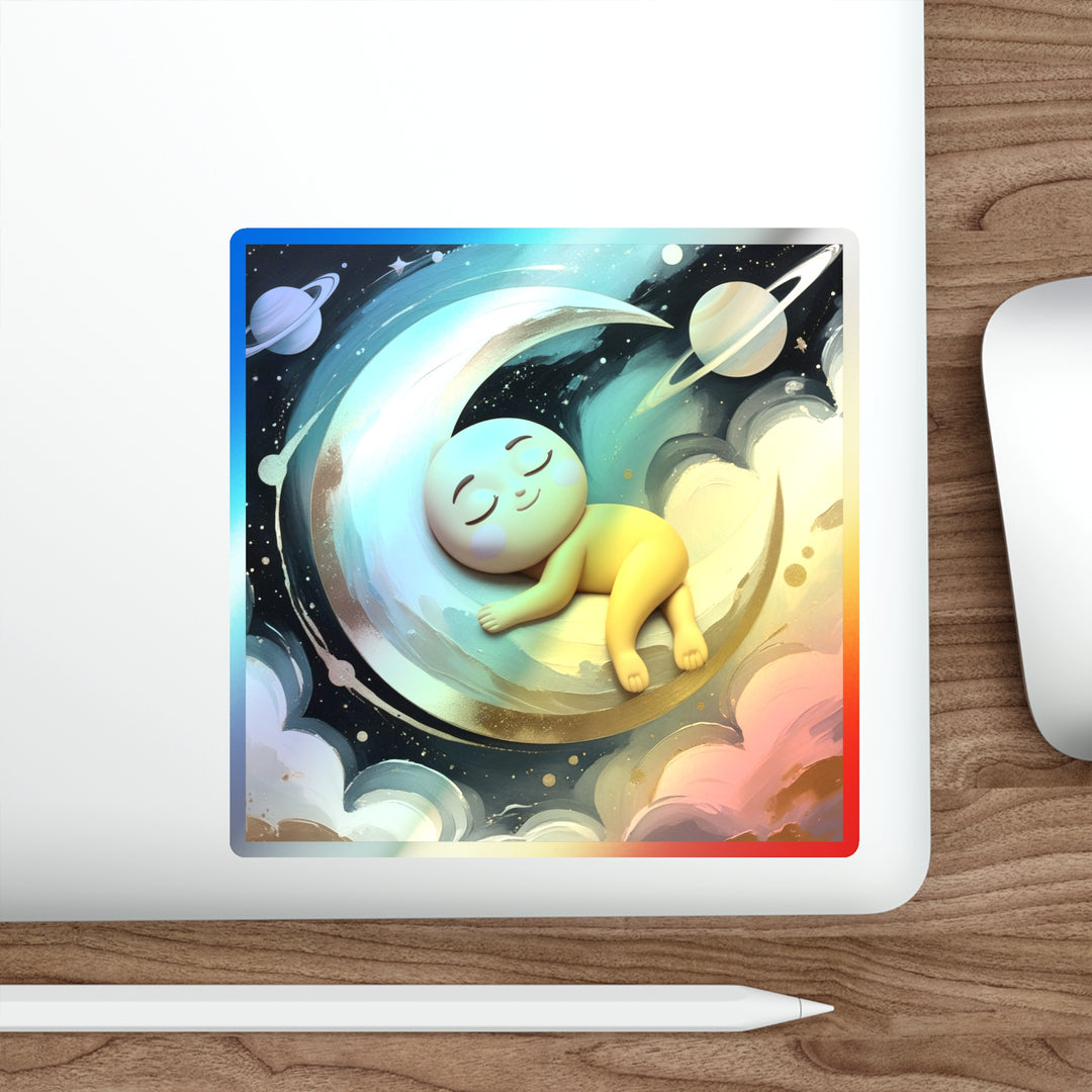 Holographic Baby Moon Sticker – Cute Celestial Die-Cut, Retro Shine!